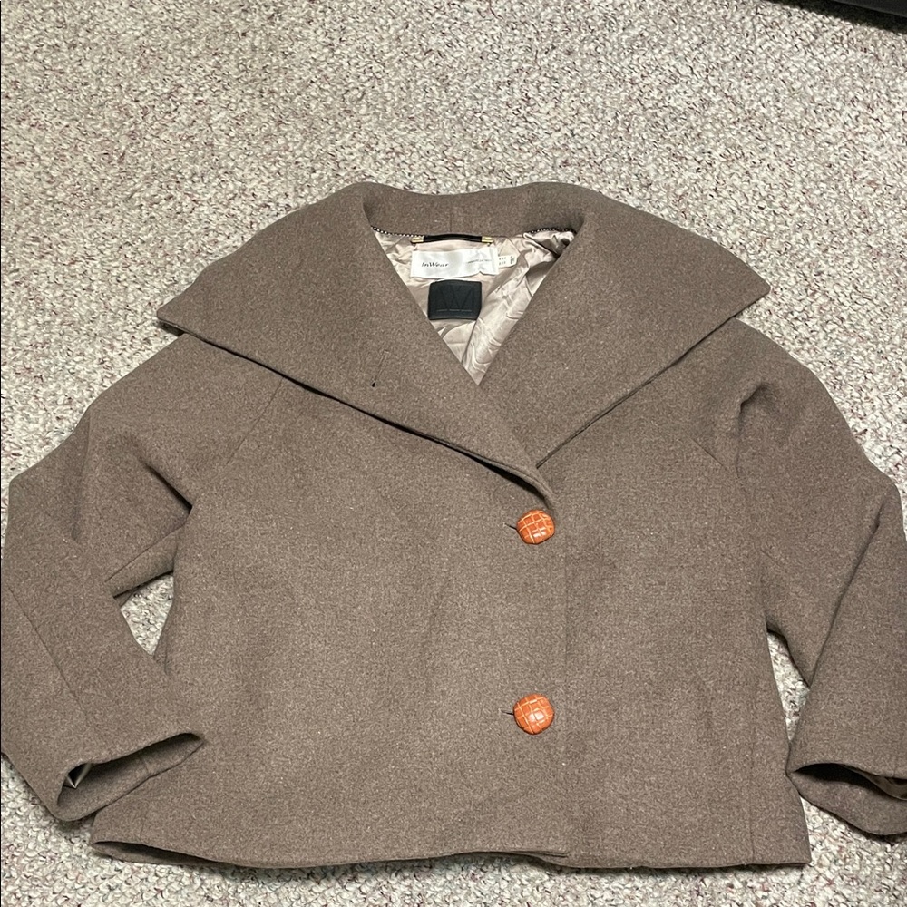 Inwear light Brown Wool cropped Coat with Buttons and asymmetrical high collar